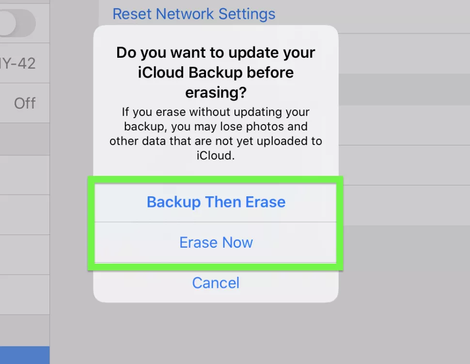Select a backup or erase option