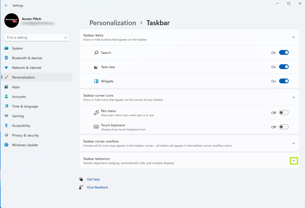 Open the Taskbar behaviors menu