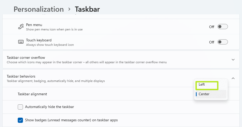 Taskbar alignment menu
